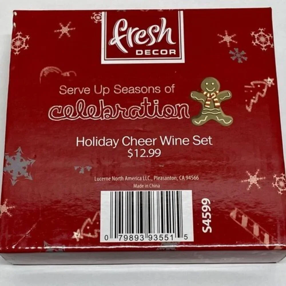 Holiday‎ Cheer Christmas Wine Set 4 Charms 1 Stopper Fresh Decor Celebrate IOB